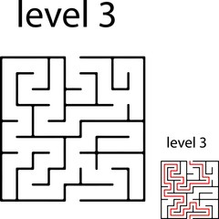 Education logic game labyrinth for kids. Find right way. Isolated simple square maze black line on white background. With the solution. Vector illustration.