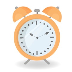 Alarm clock isolated on white background stock vector illustration. Graphic bright clipart, round shape, front view. 