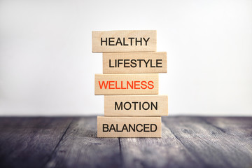 WELLNESS - Healthy lifestyle, motion balanced - concept text on wooden cubes