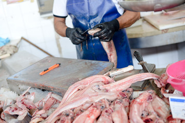 Raw fish in ice on the market stall
