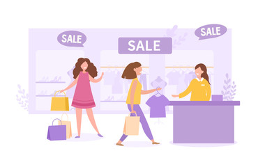 Online catalogue or Sales concept with two happy shoppers carrying bags and smiling pretty shop assistant