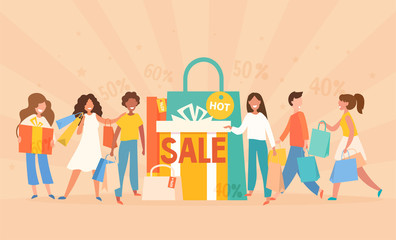 Fototapeta na wymiar Hot Sale concept with eager group of diverse male and female shoppers carrying boutique bags and gifts to a central sign, vector illustration