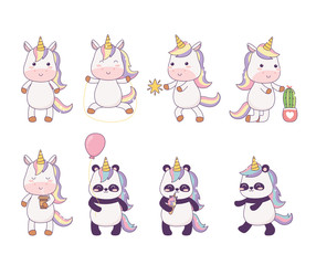 kawaii little unicorns and panda with cartoon character magical fantasy