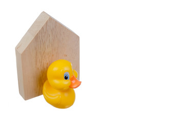 Yellow duck with wooden block house symbol about  Stay Home . Covid-19 Coronavirus Concept.