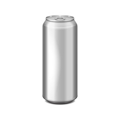 Glossy metal silver aluminium beer can. Can be used for alcohol, energy drink, soft drink, soda, fizzy pop, lemonade, cola. Vector realistic template