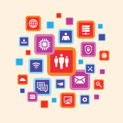 Computer Technology Banner Design. Electronic connection. Business communication layout. Social media. Infographic concept vector illustration. Icons set. 