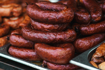 Homemade sausage at the fair. Street food.