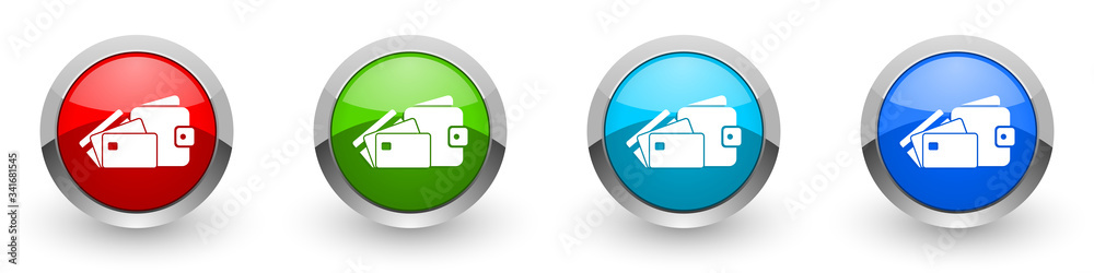 Poster wallet and credit cards silver metallic glossy icons, business concept set of modern design buttons 