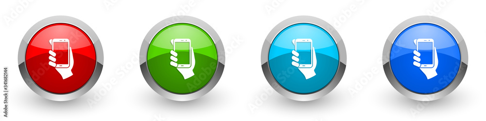 Leinwandbilder smartphone in hand silver metallic glossy icons, mobile phone concept set of modern design buttons f