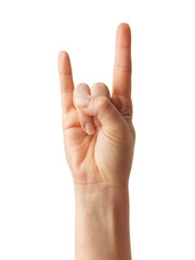 Woman Hands gestures on over white background. Isolated.