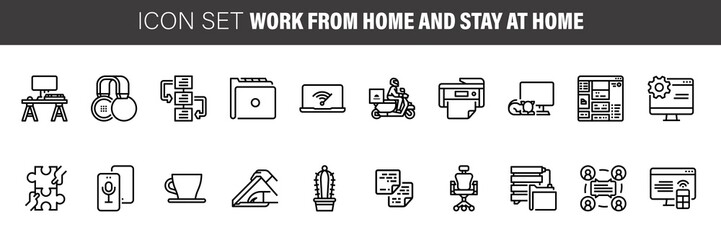Work from home line icon set. Included icons as self quarantine, stay home, working, online, video conference, office and more.