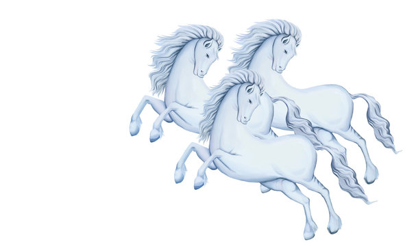 Three white horses in gallop. Winter months. Clip art on white background