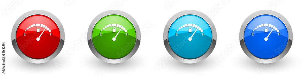 Poster fuel gauge silver metallic glossy icons, car petrol dashboard concept set of modern design buttons f