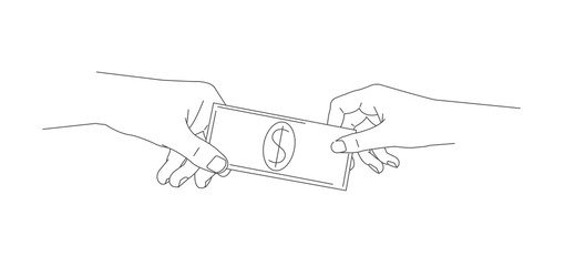 Payment with money, buying or purchase of goods line art vector illustration of hands exchanging with cash banknote, gesture