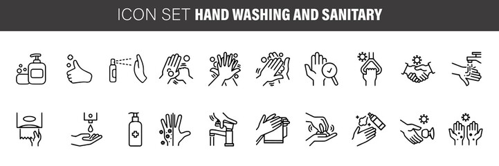 Hand washing line icon set. Included icons as wash, tissue paper, cleaning, hand dryer, soap, wipe, sanitary and more. Hand drawing