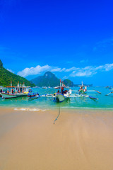 Harbour of El Nido Town with boats at beautiful beach, Palawan Island, Philippines