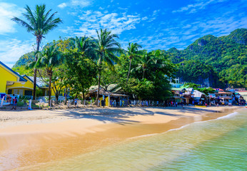 Harbour of El Nido Town with boats at beautiful beach, Palawan Island, Philippines