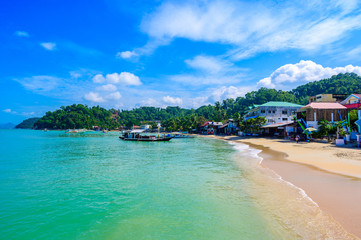 Harbour of El Nido Town with boats at beautiful beach, Palawan Island, Philippines