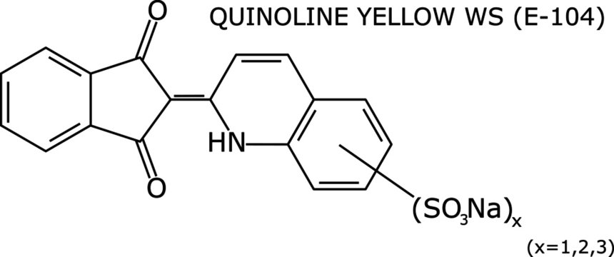 Quinoline yellow WS (E-104) food dye molecular structure isolated on white background