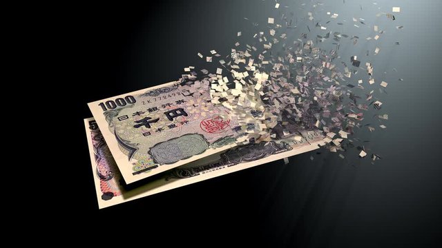4K 3D rendering animation. The dematerialization of money, Bank notes yen are dematerialized on a black background.