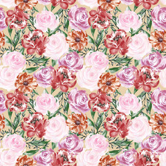 Seamless pattern with flowers blossom and leaves western style for trendy fabric print fashion Watercolor