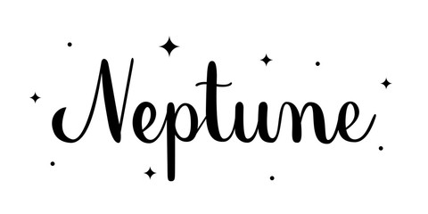 Neptune. Handwritten name of the planet isolated on white background. Black vector text with star elements. Brush calligraphy style.