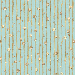 Abstract seamless pattern with 3d golden glittering acrylic paint polka dot and stripes on pastel mint green background