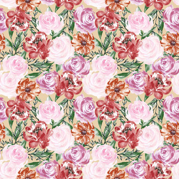 Seamless pattern with flowers blossom and leaves western style for trendy fabric print fashion Watercolor