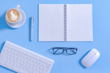 Modern workplace working from home office.Work space mock up. Freelance work desk with copy space frame for background