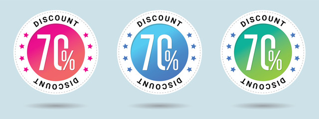 Discount offer price label. Sale vector badge template, 70 percent off sale label symbol, 70 discount promotion. Set of 3 beautiful color gradients.