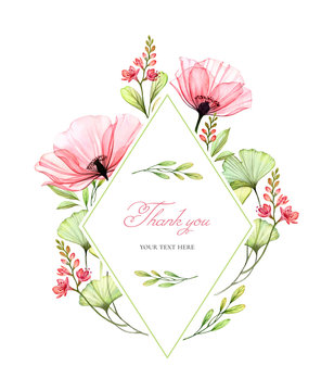 Watercolor floral card template. Vertical rhomb frame. Transparent poppy flowers and Thank You text. Hand painted spring illustration for logo and wedding stationery design
