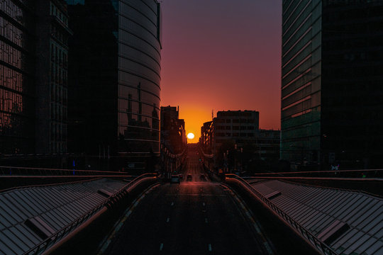 Evenings in Brussels - sun down over Rue Belliard separating the European Commission from the European Council