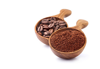 Coffee beans and ground coffee in wooden spoon on white background. Coffee   beans isolated.