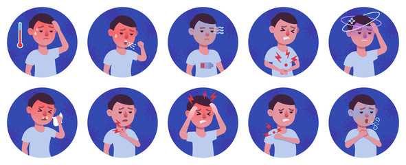 Coronavirus 2019-nCoV symptoms flat icons set, Colorful symbols pack contains - fever, cough, sore throat, headache, man in mask. Coronavirus covid-19 prevention vector illustration. Flat style design