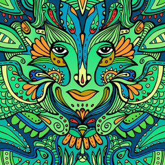 Colorful ornate face of a fairytale elf. Hand-drawn ethnic ornate godess. Tribal tattoo. Vector illustration.