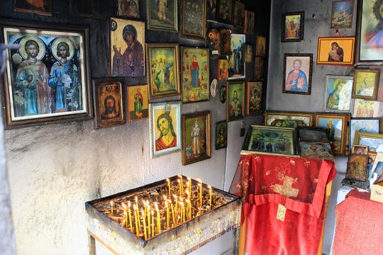 Christian orthodox icons inside an old chapel in Athens, Greece, April 20 2020.