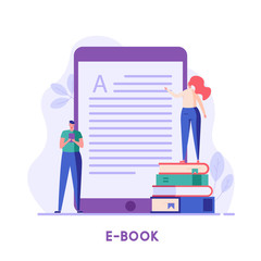 People or students standing and learning text with e-book. Digital library service. Concept of  reading ebook, archive of books, modern online education. Vector illustration in flat design