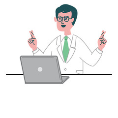 医師　医者　男性　パソコン  幸運を祈る　クロスフィンガー