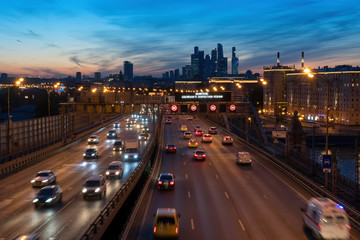 Fototapeta na wymiar Night traffic on Third Road. Moscow, Russia.