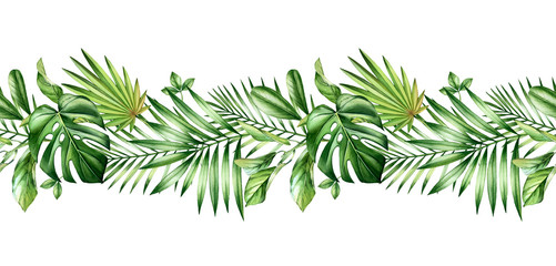 Watercolor tropical seamless border. Repetetive pattern. Horizontal decoration with jungle greenery. Exotic palm leaves, monstera, isolated on white. Botanical hand drawn illustration © Katerina Kolberg