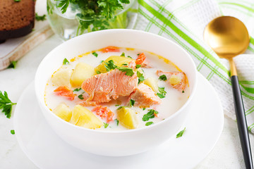 Kalakeitto. Creamy soup with salmon, potatoes, onions and carrots and  in a bowl. Finnish/ karelian cuisine. Lohikeitto