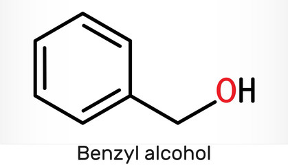 Benzyl alcohol, C7H8O molecule. It is aromatic alcohol, is used as local anesthetic and in perfumes, in cosmetic formulations. Skeletal chemical formula