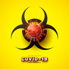 Covid-19. Novel Coronavirus Concept Design with Virus Cell and Biological Danger Symbol on Yellow Background. Vector 2019-nCoV Corona Virus Illustration on Dangerous SARS Epidemic Theme.