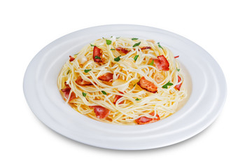 Bacon garlic parsley pasta on a white isolated background