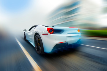 Naklejka na ściany i meble High speed, sport car racing on blure background. 3d illustration