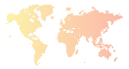 四角いドットで構成された世界地図-オレンジ色