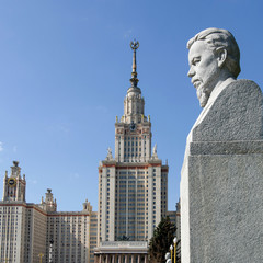 Bust of Alexander Popov in front of Moscow State University. Moscow, Russia.