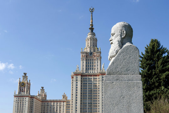 Bust of Vasily Dokuchaev in front of Moscow State University. Moscow, Russia.