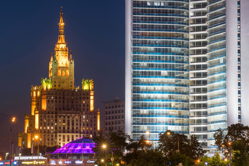 Plakat Architecture of Russian capital. Night cityscape with Radisson hotel and modern residential house. Moscow, Russia.