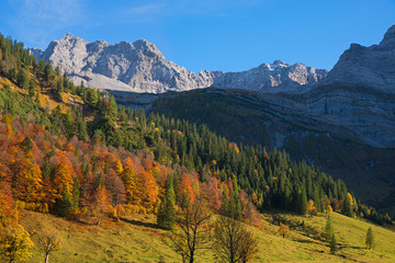 beautiful karwendel landscape with autumnal forest, austrian tourist destination